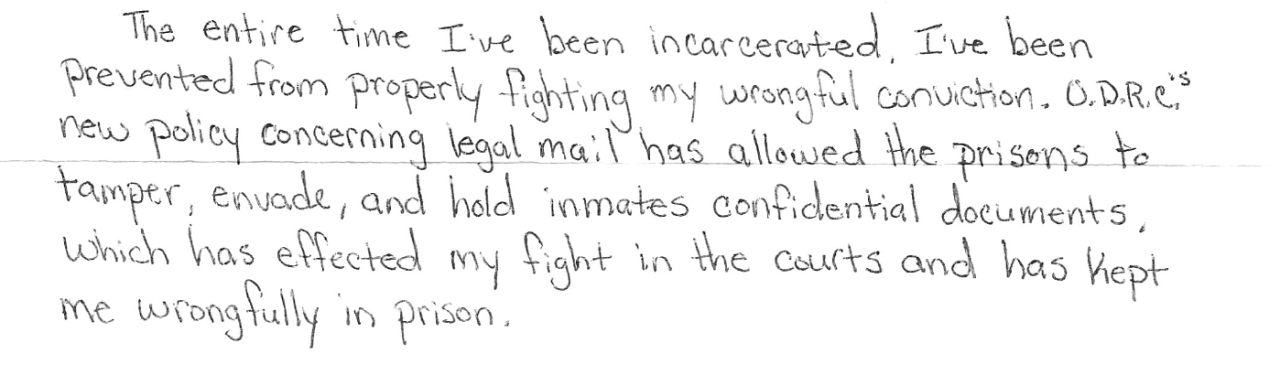In a letter to The Marshall Project, John C. Coleman, who is incarcerated at Toledo Correctional Institution, says the Ohio corrections department’s legal mail policy has prevented him from challenging his conviction.