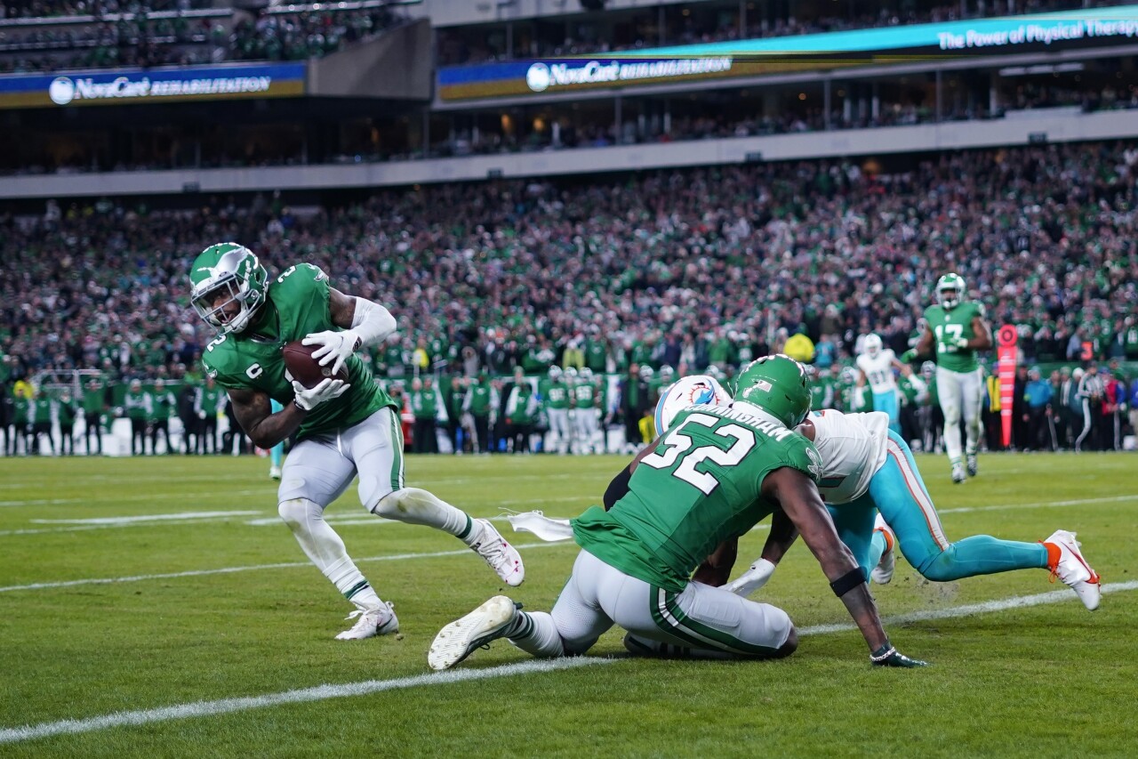 Philadelphia Eagles cornerback Darius Slay intercepts pass intended for Miami Dolphins running back Raheem Mostert, Oct. 22, 2023