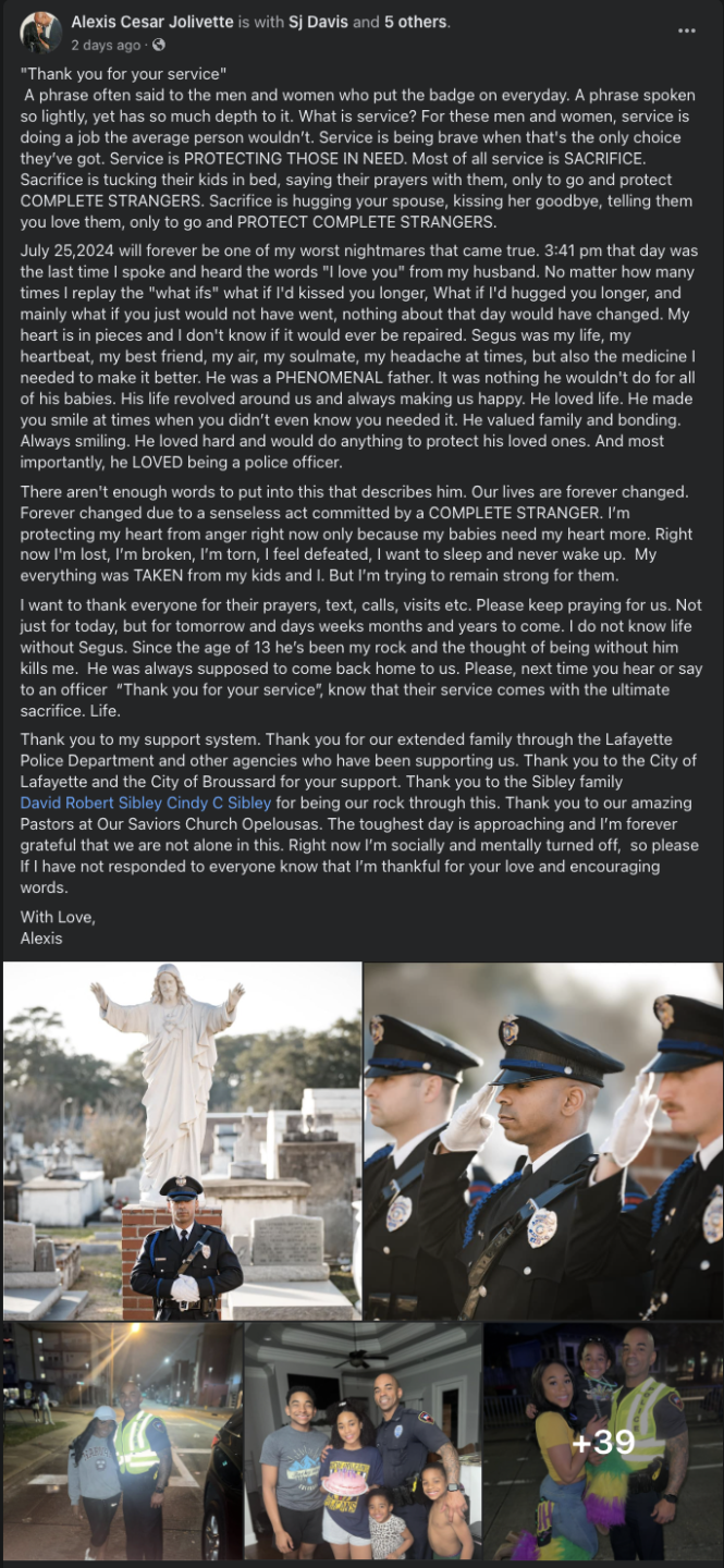 Alexis Cesar Jolivette Facebook post of her late husband Senior Corporal Segus Jolivette
