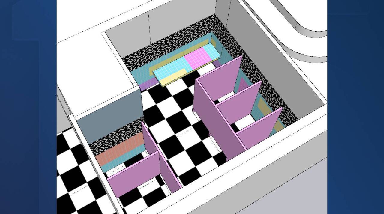 This is a rendering of the bathrooms- “it’s very Saved by the Bell,” according to Gratza.