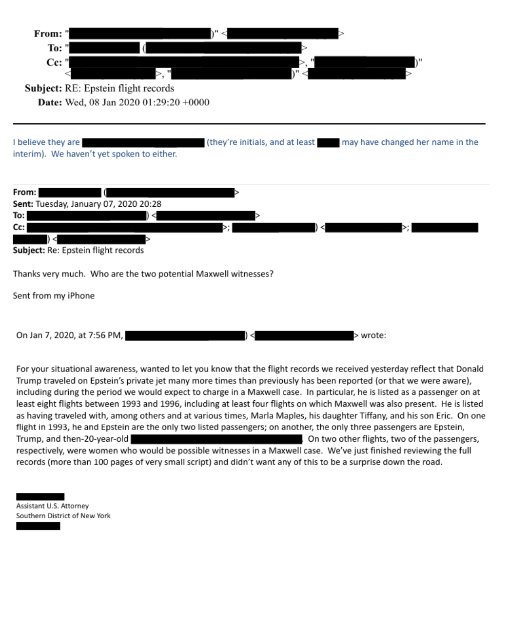 Email discussing Trump on Epstein's plane.