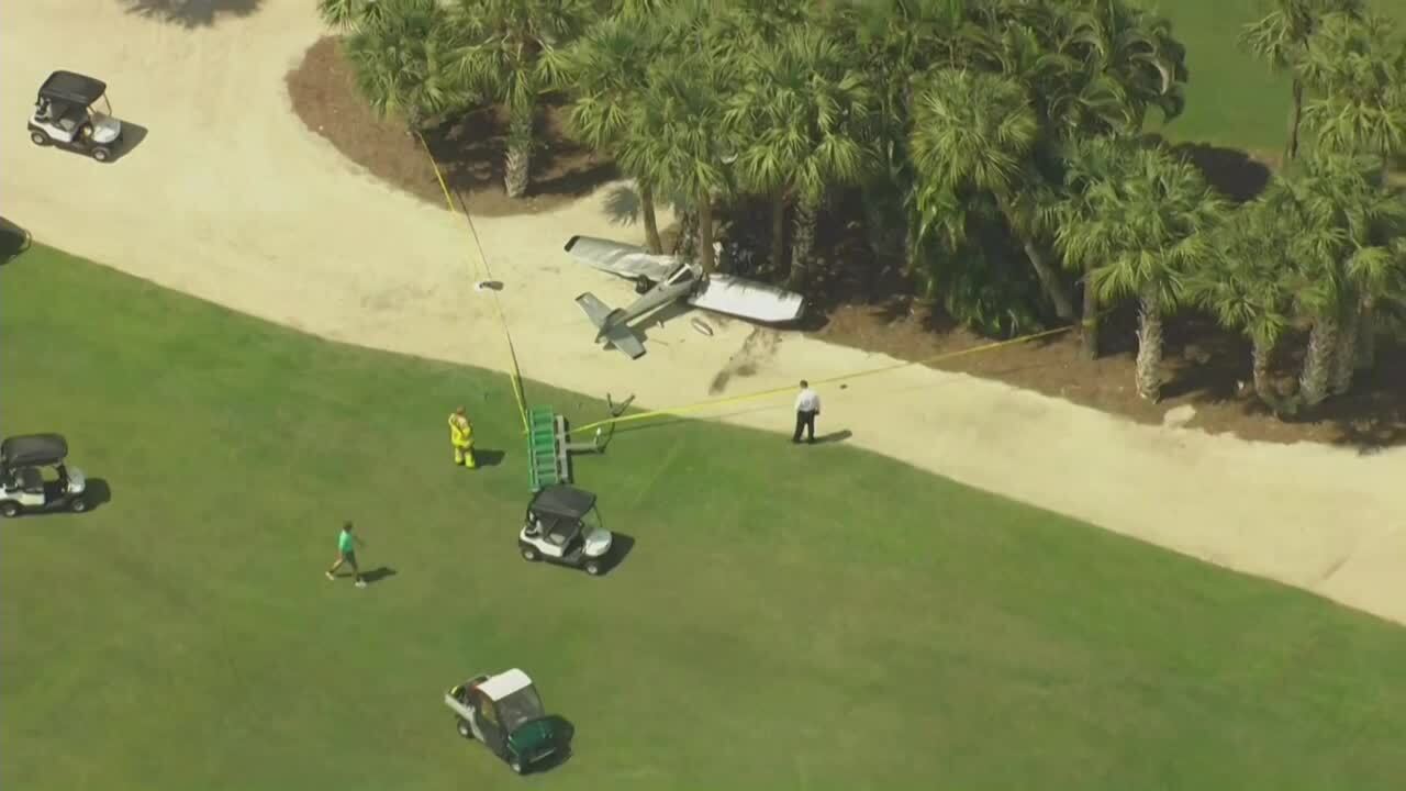Aerial view wide shot of small plane after crashing at Banyan Golf Club, April 24, 2023