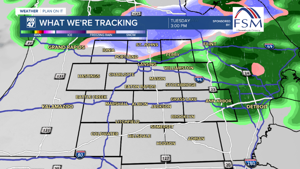 Potential mixing and snowfall are possible areas north of I-96 with temperatures hovering closer to freezing