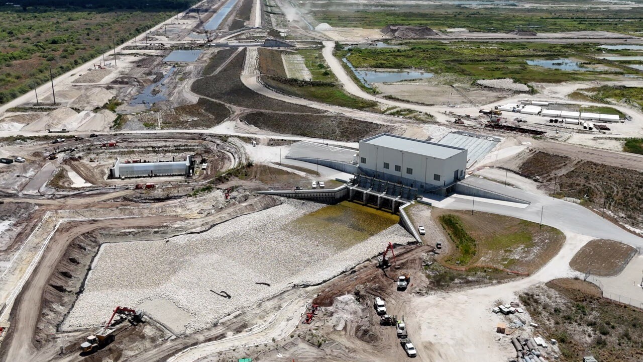 Aerial view of the main pump station at the C-43 Reservoir.