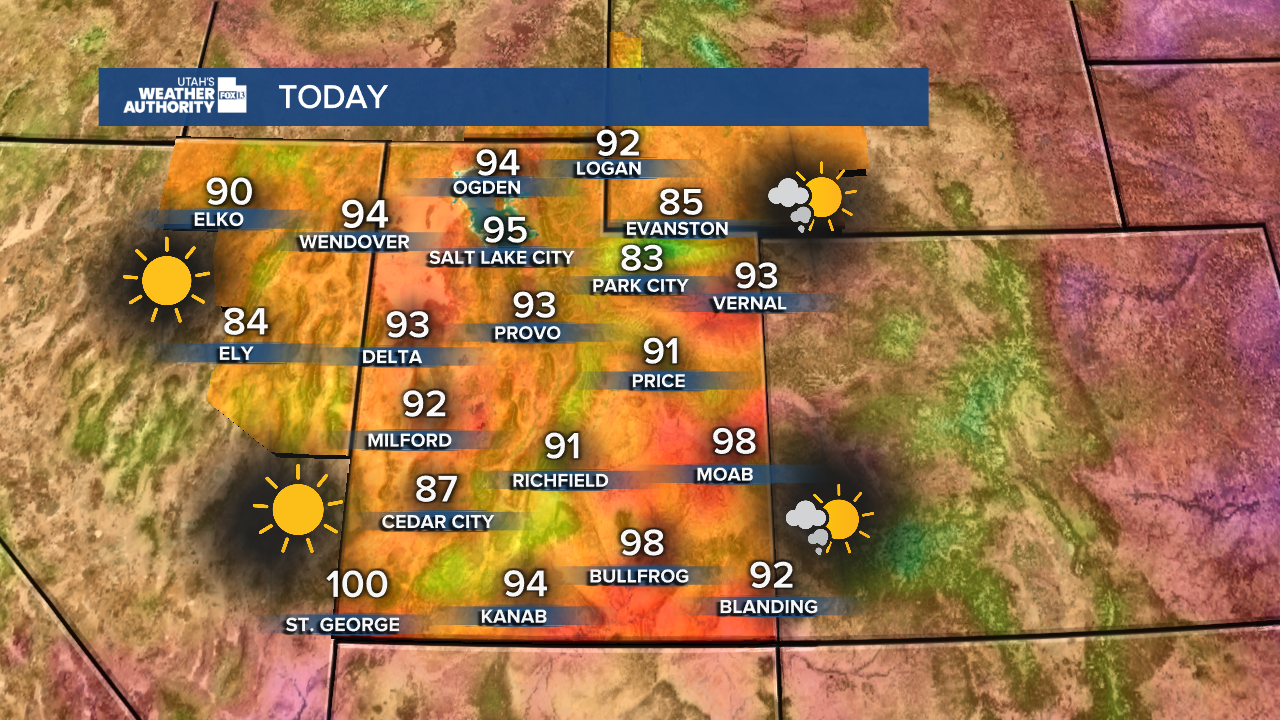 Graphics from the FOX 13 Weather Center showing the predicted high temperatures for the state. The majority of them linger in the low 90s, but areas such as St. George, Moab, and Bullfrog are expected to hit the upper 90's to nearly 100°.