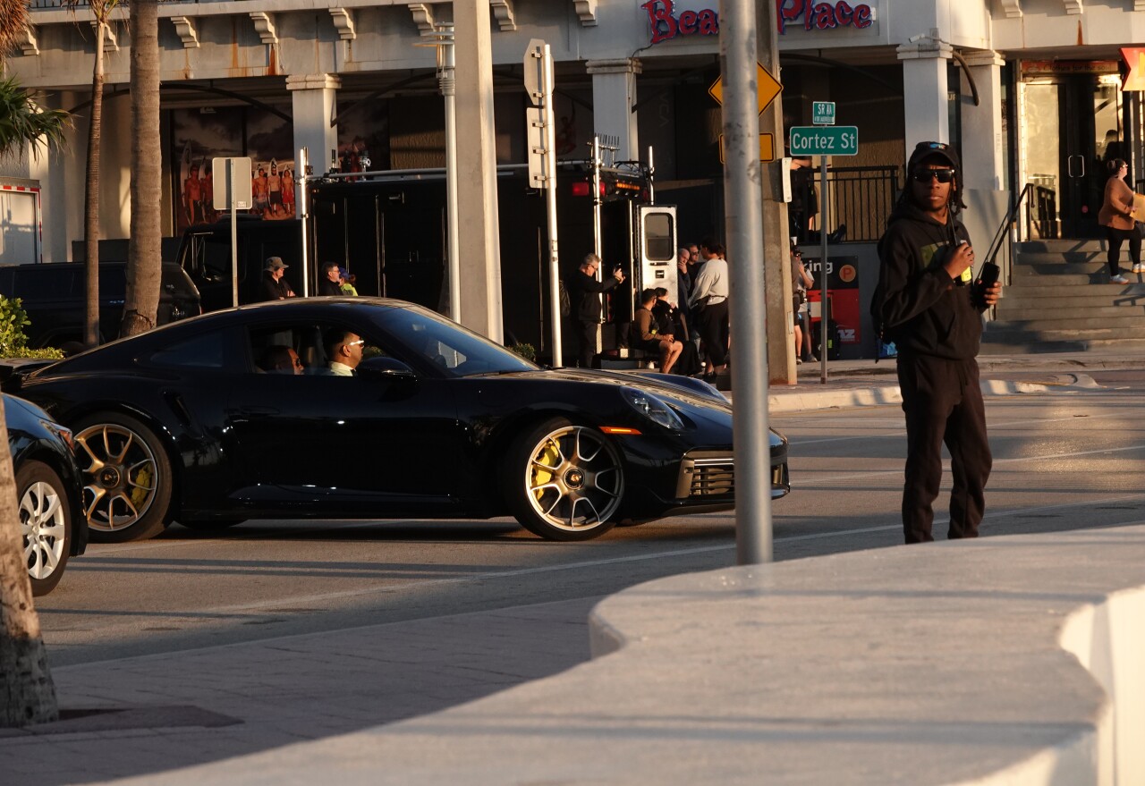 Porsche being used during filming of scene from fourth 'Bad Boys' on A1A in Fort Lauderdale, Feb. 26, 2024