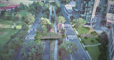 Bird’s eye view looking northwest toward the proposed pedestrian bridge over Cherry Creek.