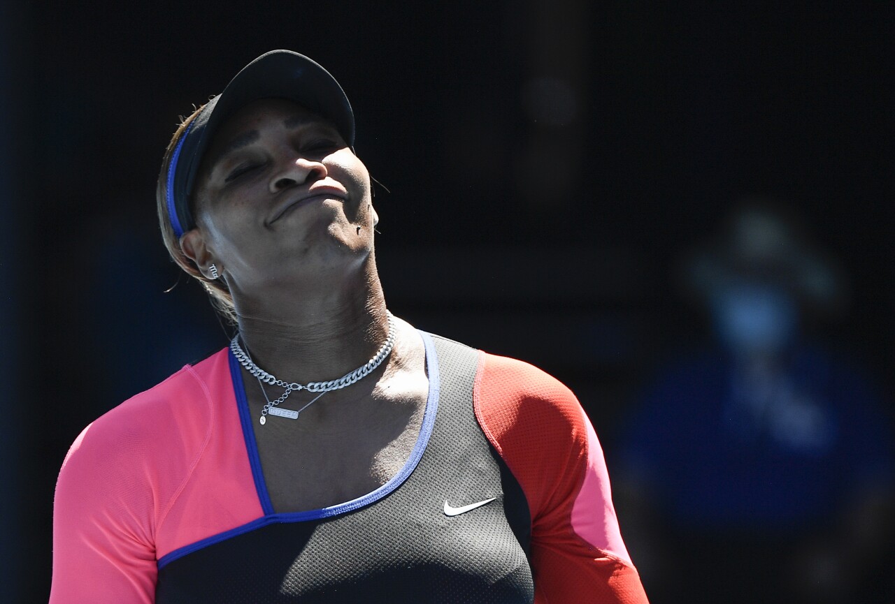 Serena Williams reacts to call during Australian Open, February 2021