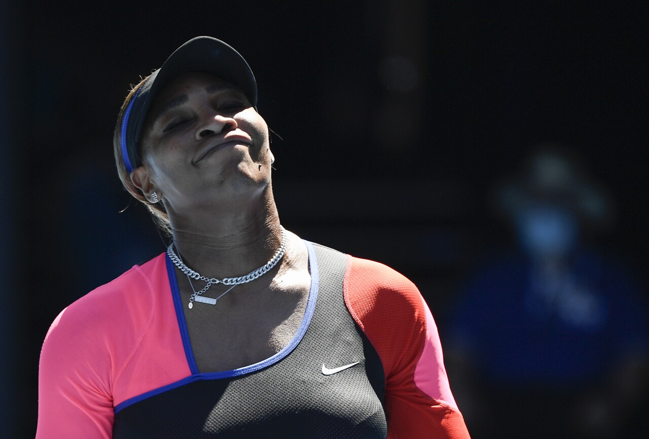 Serena Williams reacts to call during Australian Open, February 2021