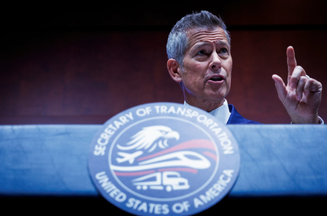 U.S. Department of Transportation Secretary Sean Duffy speaks during a news conference on enhancing truck driving safety at the U.S. Department of Transportation on Friday, Feb. 20, 2026, in Washington.