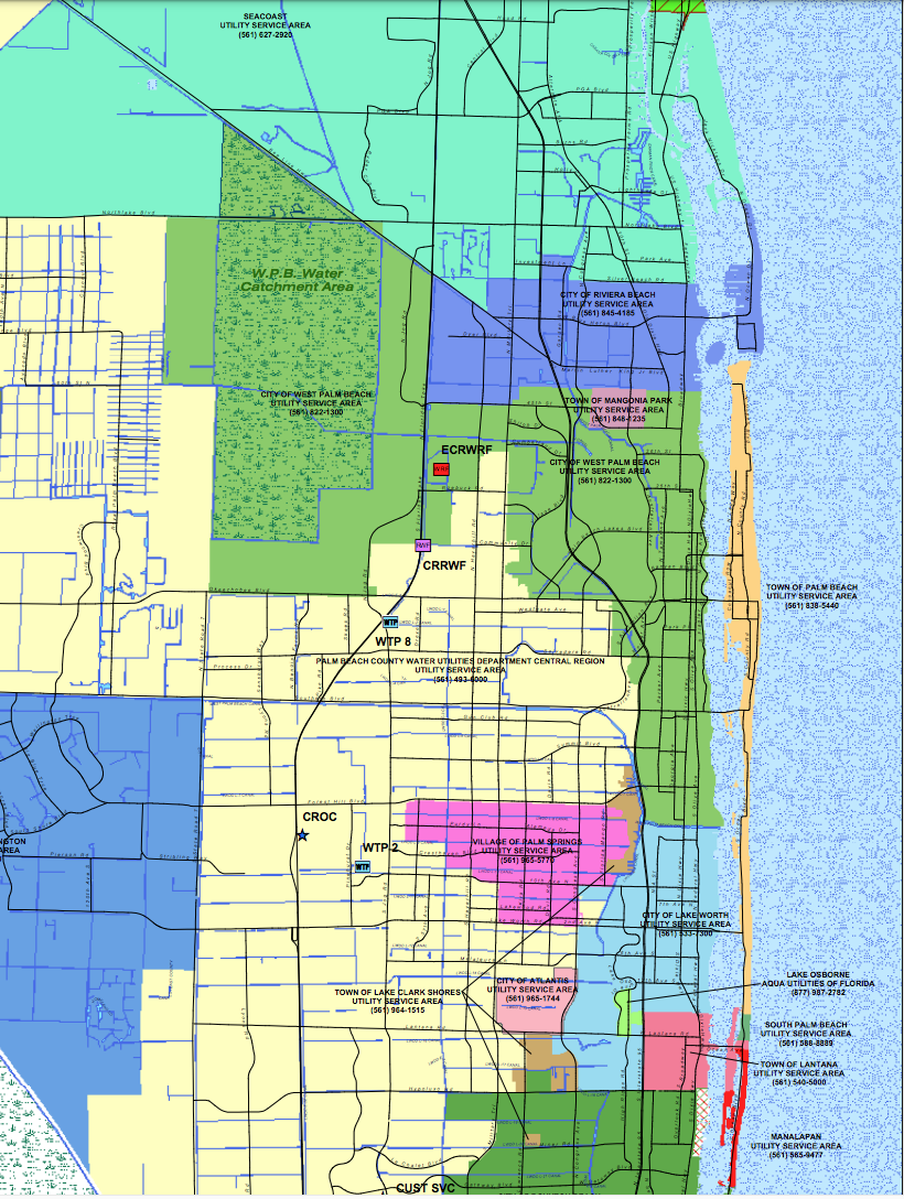 Palm Beach County drinking water map, green and orange areas bad water serviced by West Palm Beach