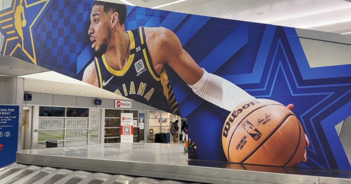 Indianapolis International Airport decorates in preparation for the 2024 NBA All-Star Weekend