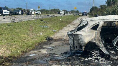 A pursuit ended in Hobe Sound when the suspect slammed into two vehicles, veered off the roadway into a wooded area near U.S. 1 and Jonathan Dickinson State Park, and burst into flames.