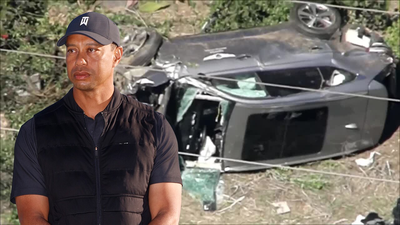 Tiger Woods superimposed over 2021 California wreckage