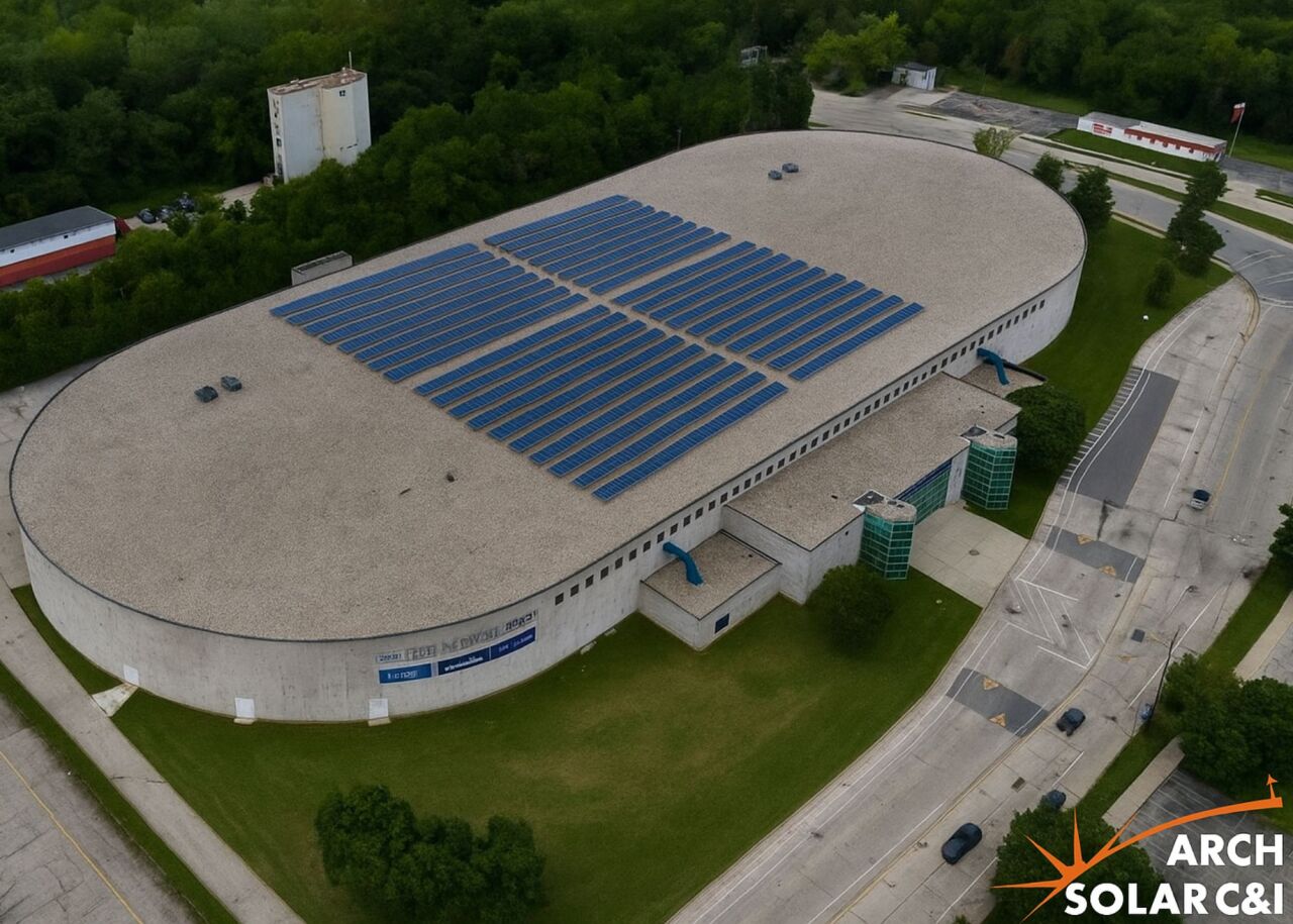 Arch Solar crews are clearing snow to start installing nearly 1,200 panels covering 70% of the roof, almost the equivalent of a city block.