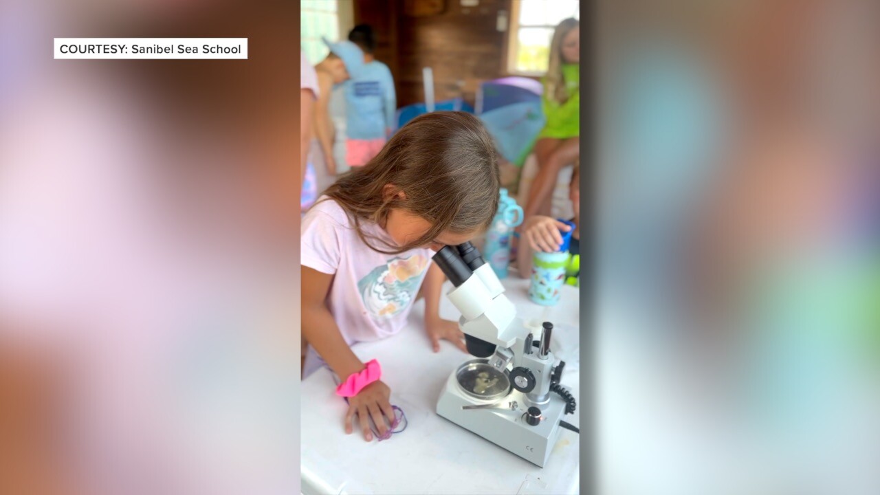 Young girl peering through a microscope