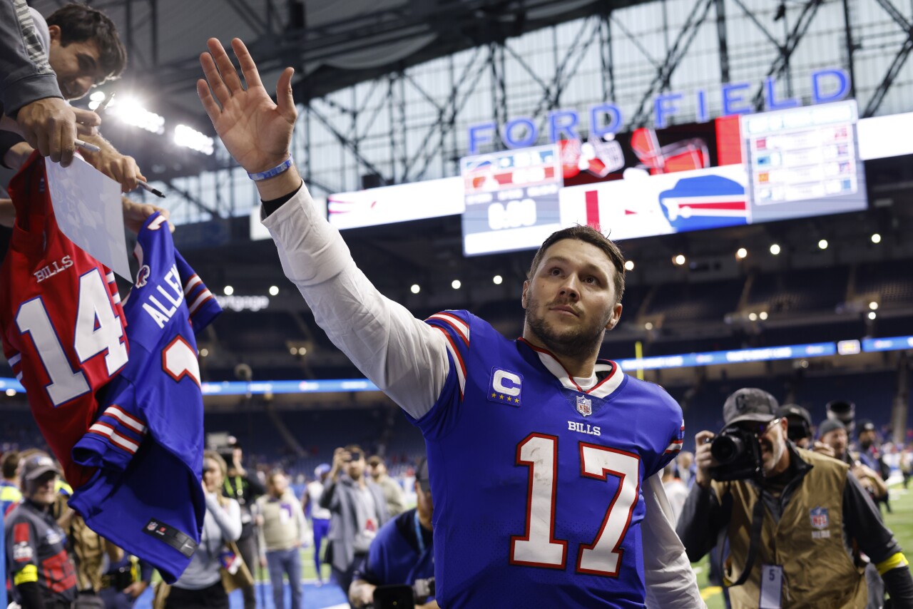 Buffalo Bills QB Josh Allen greets fans after leaving Ford Field in Detroit, Nov. 20, 2022