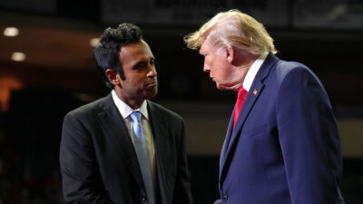 President Donald Trump shakes hands with gubernatorial candidate Vivek Ramaswamy at a campaign rally at the Covelli Centre in Youngstown, Ohio, Monday, Oct. 12, 2026. 