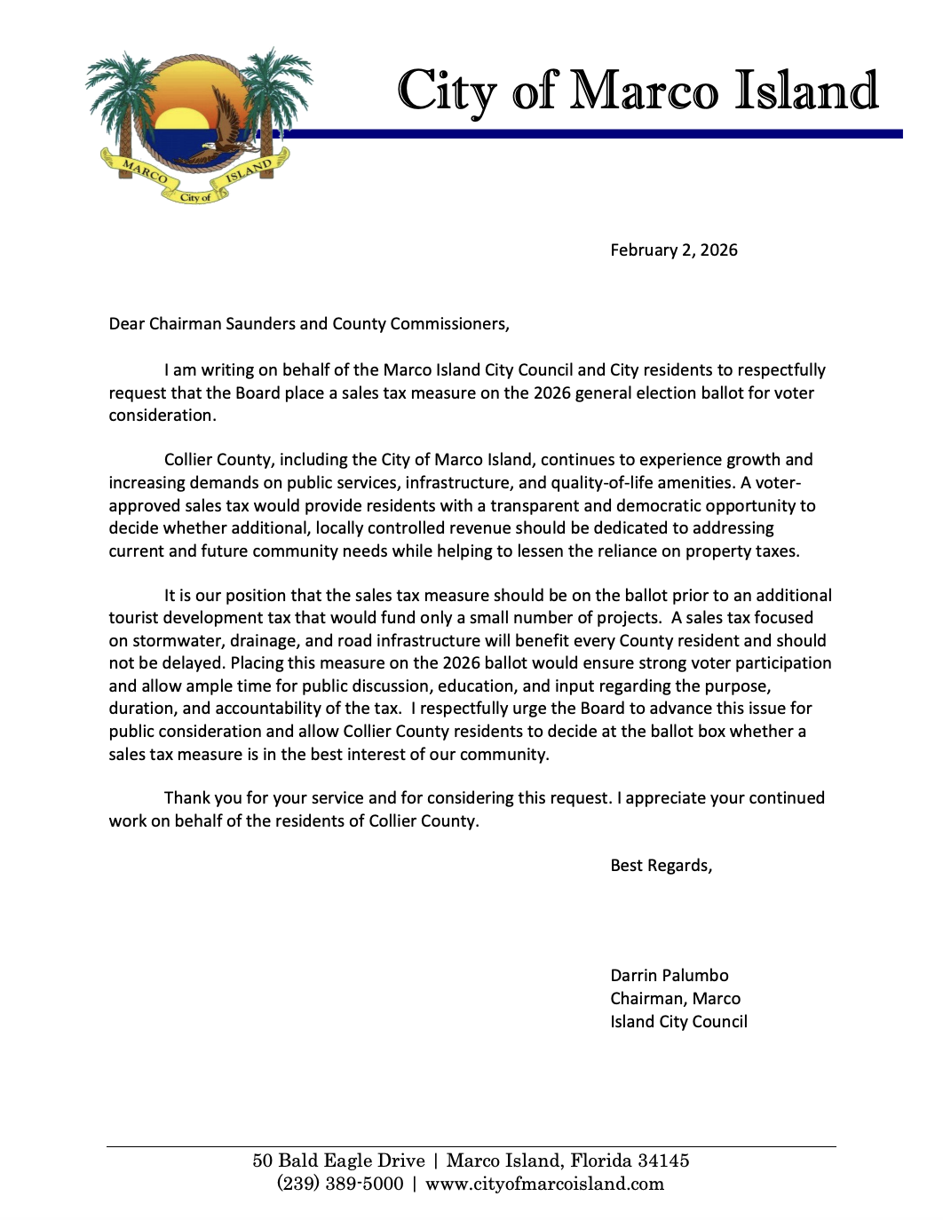 Marco Island letter to Collier County