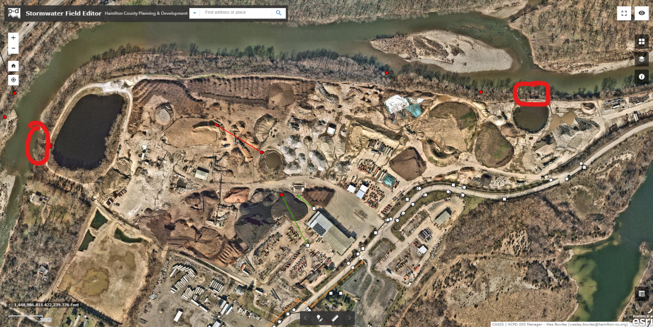 Hamilton County health officials are concerned about potential pollution seeping from Evans' facility on Roundbottom Road into the Little Miami River, at these spots.