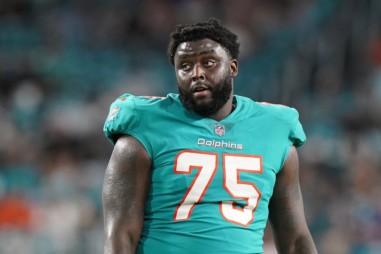 Miami Dolphins offensive tackle Greg Little during timeout of preseason game vs. Philadelphia Eagles, Aug. 27, 2022