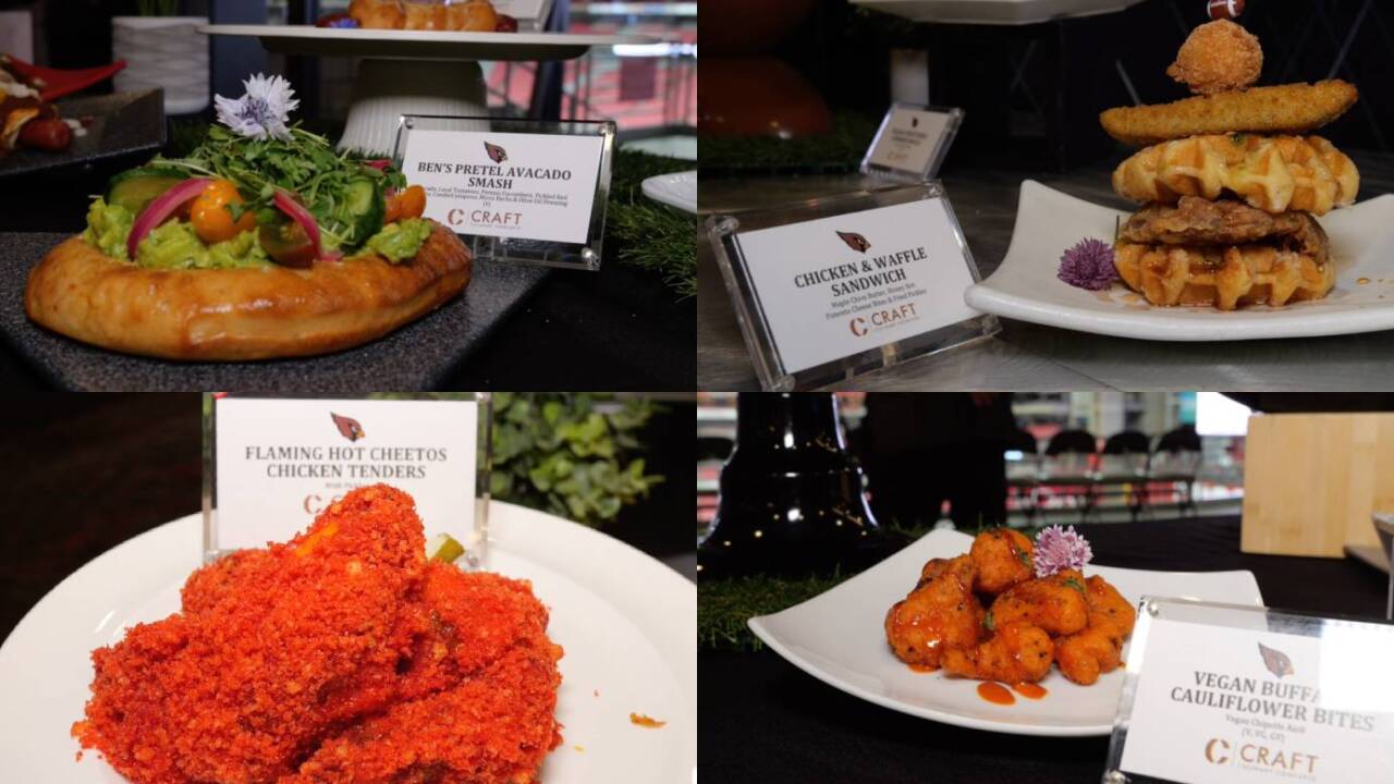 Left to right: Ben’s Pretel Avocado Smash, Chicken and Waffle Sandwich, Flaming Hot Cheeto Chicken Tenders, and Vegan Buffalo Cauliflower Bites.
