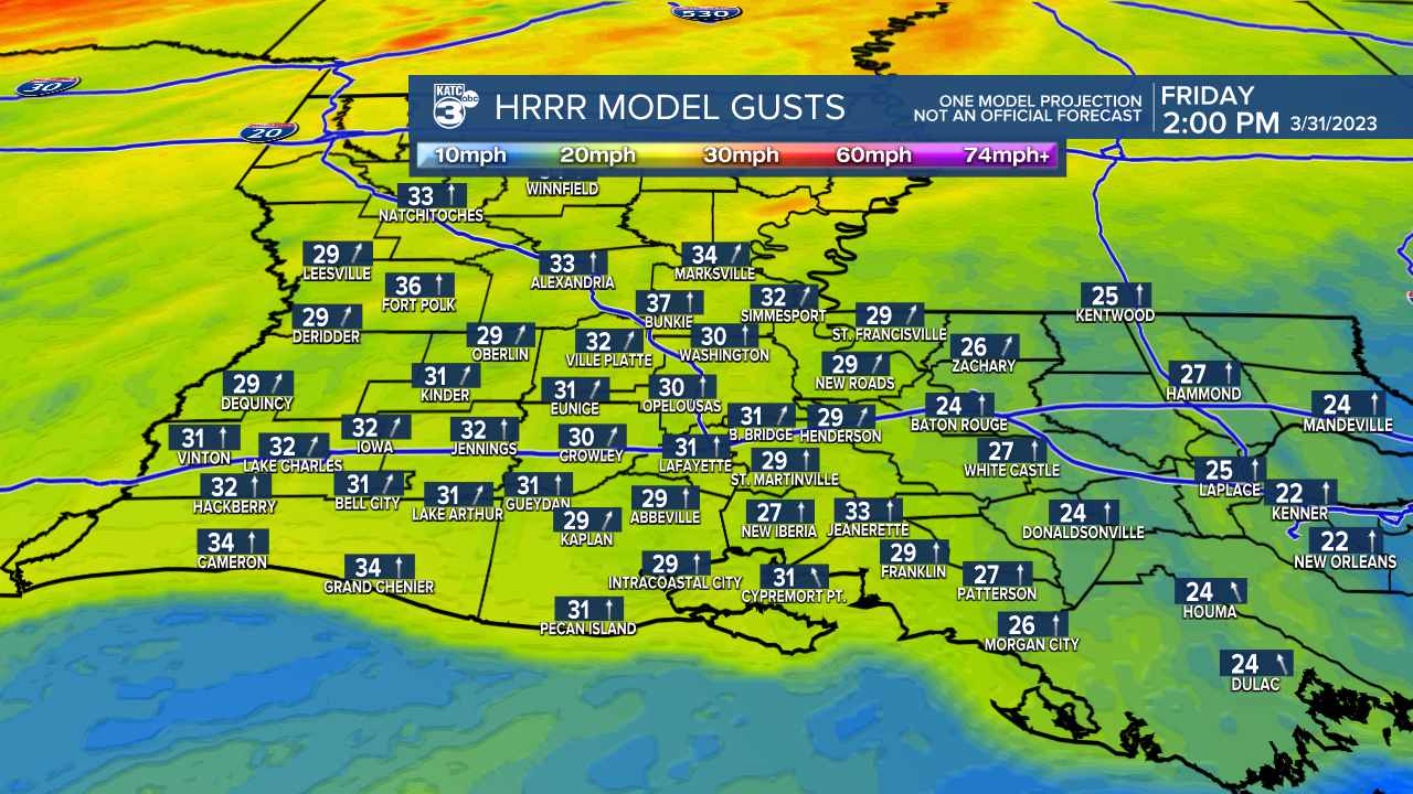 Acadiana Wind Gust Extended HRRR.png