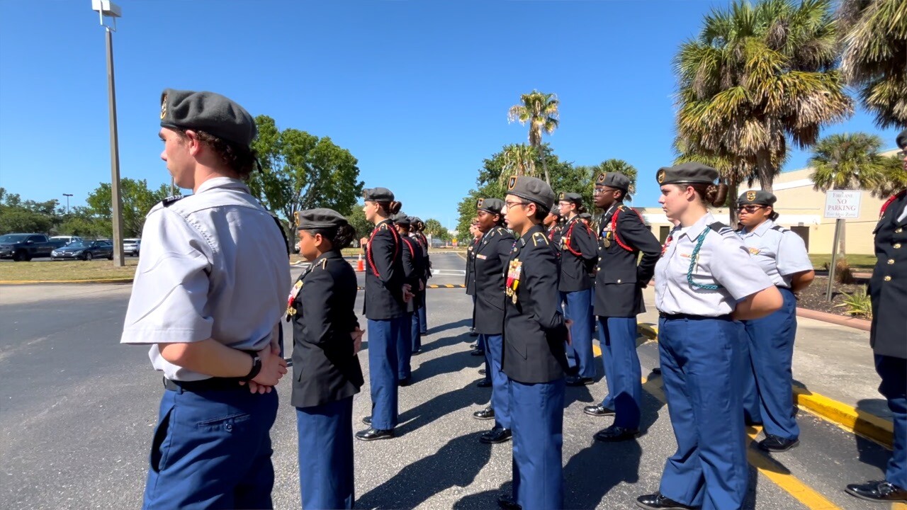 Cape Coral High School's JROTC students lined up at the memorial service for Captain Daniel Eggers.