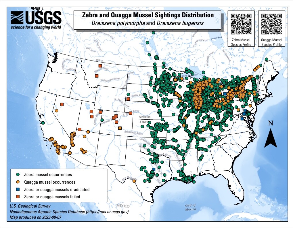 USGS Current Zebra and Quagga Mussel Distribution Map