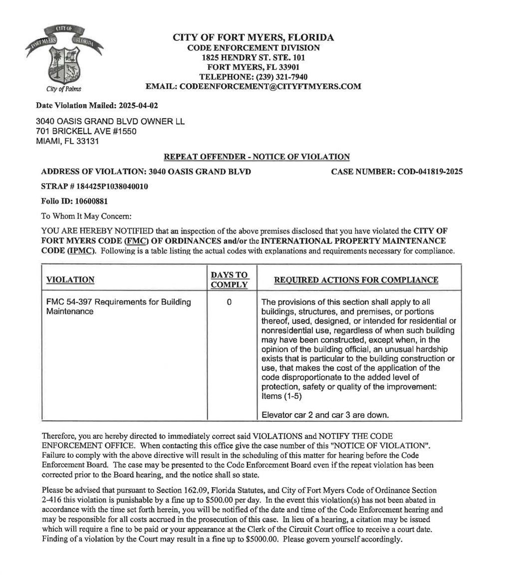 Harbor Grand Elevator Violations