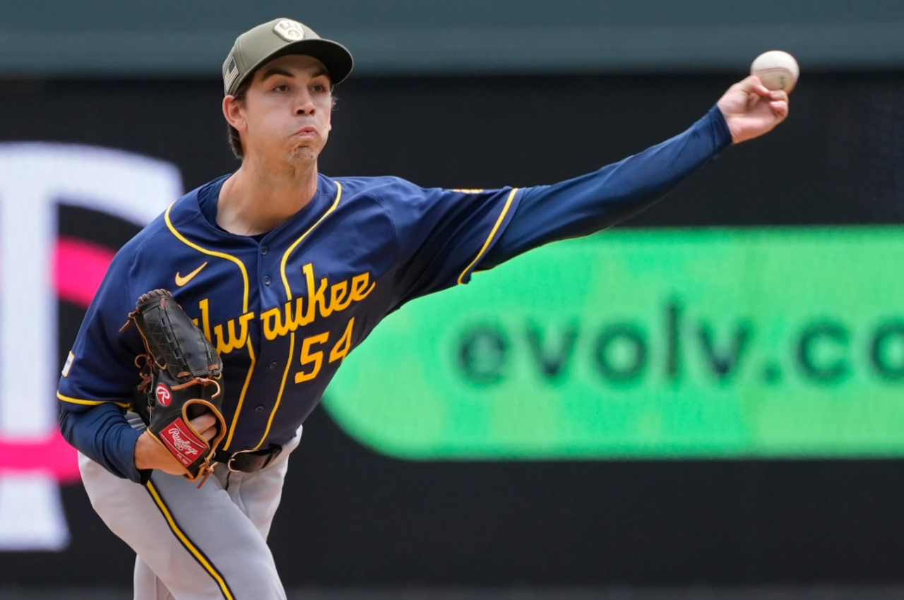Milwaukee Brewers starting pitcher Robert Gasser throws to the Minnesota Twins in the first inning of a baseball game Sunday, May 17, 2026, in Minneapolis.