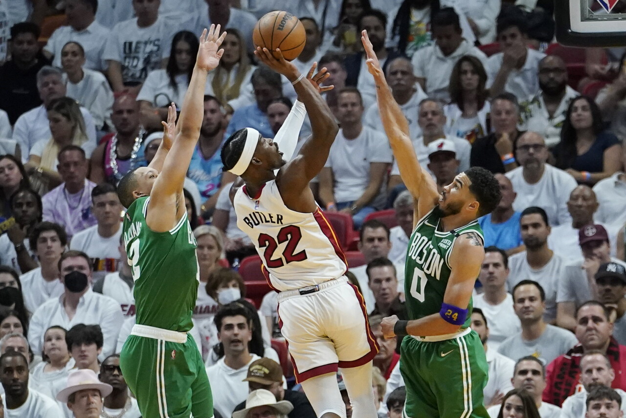 Boston Celtics forwards Jayson Tatum and Grant Williams defend Miami Heat forward Jimmy Butler, May 29, 2022
