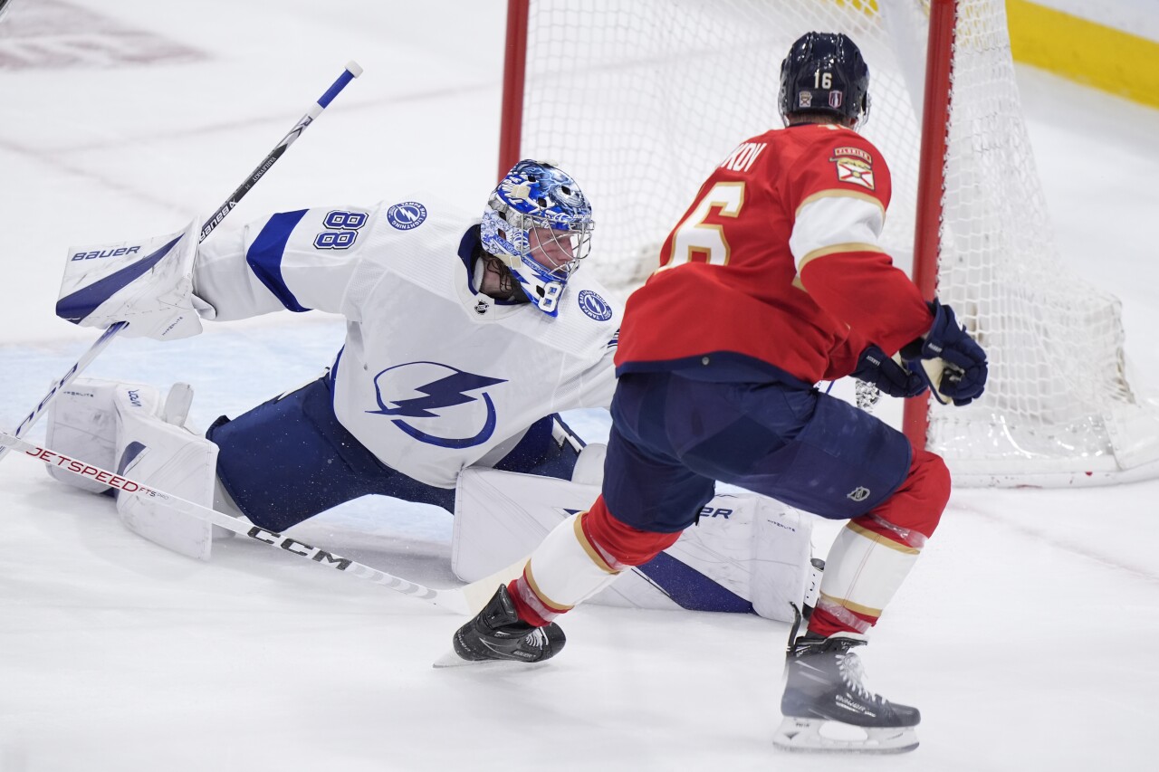 Florida Panthers center Aleksander Barkov scores against Tampa Bay Lightning goaltender Andrei Vasilevskiy during second period, April 29, 2024