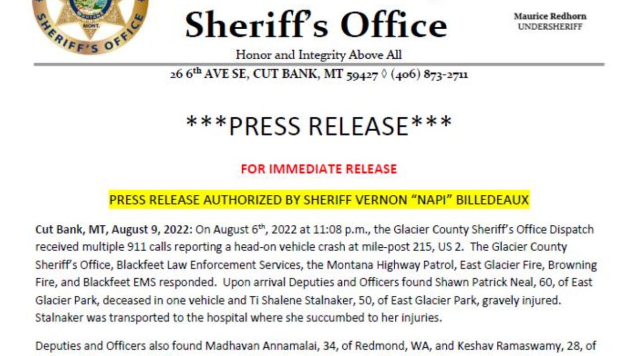 The Glacier County Sheriff's Office has identified the four people who died in a two-vehicle crash on Saturday, August 6, 2022.
