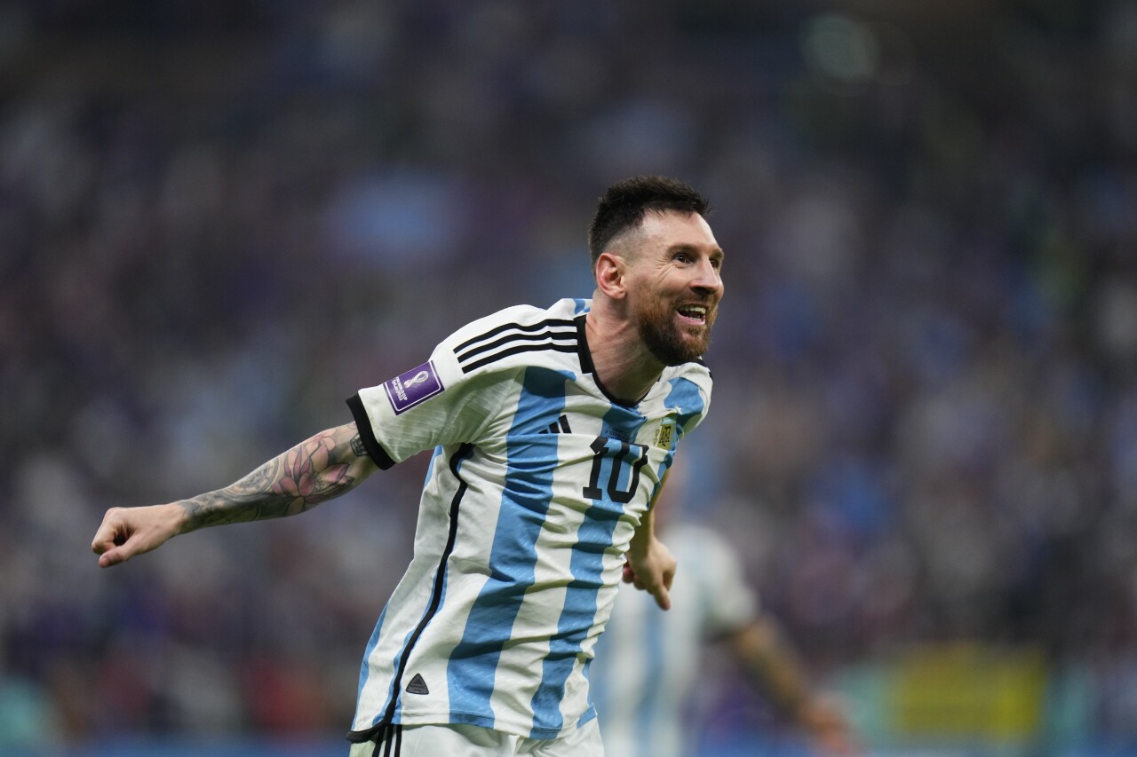 Lionel Messi celebrates goal in World Cup final, Dec. 18, 2022