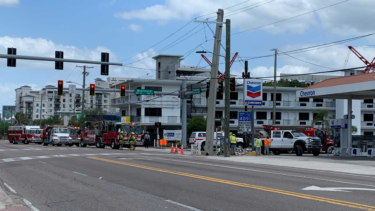 Gas rupture causes road closures at Kennedy and S. Boulevard in Tampa