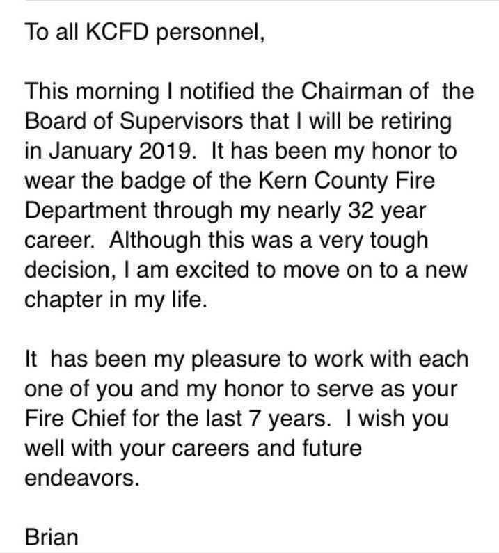 KCFD Chief Retirement Email
