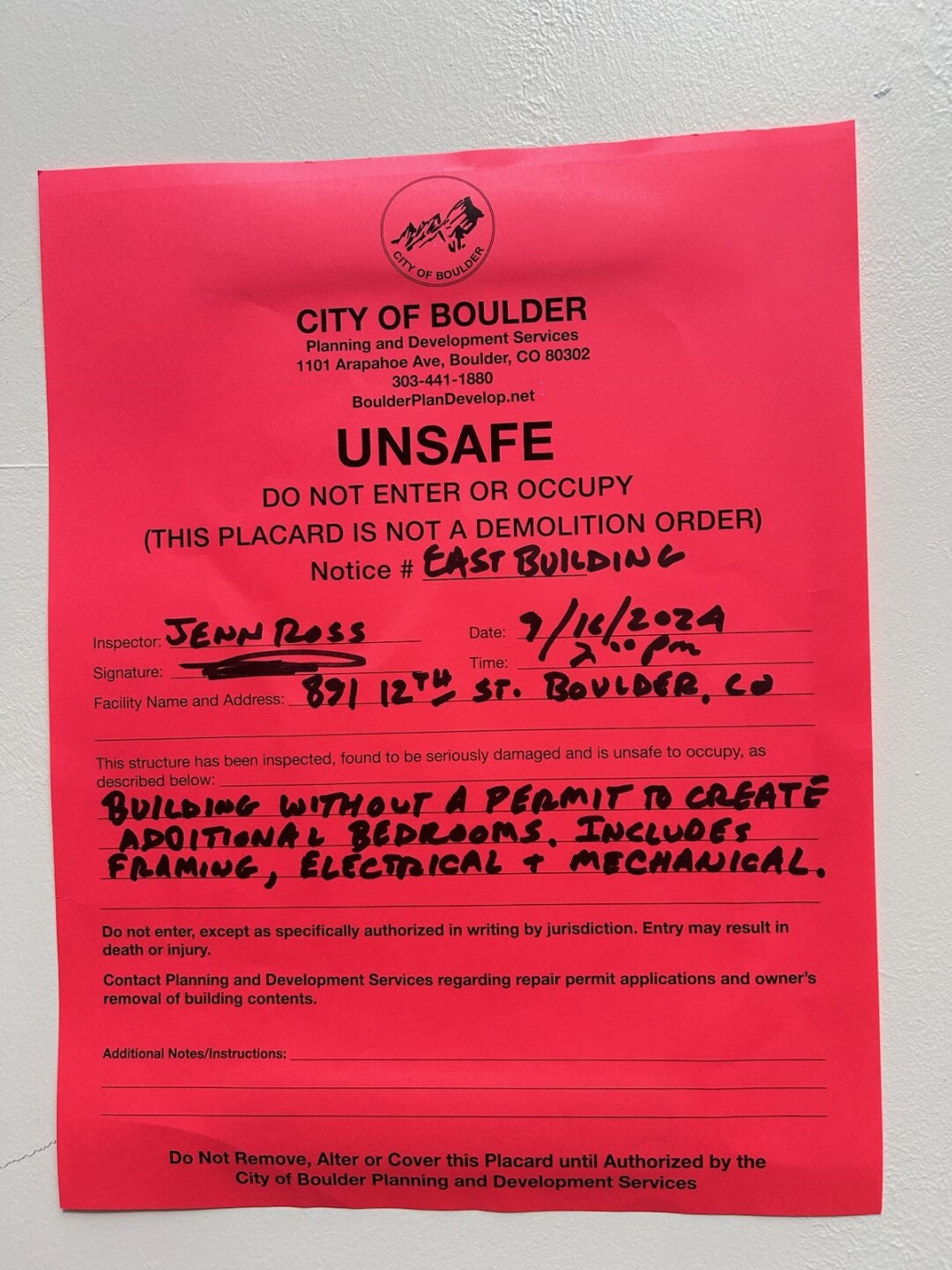 Notice on Marpa House 891 12th Street