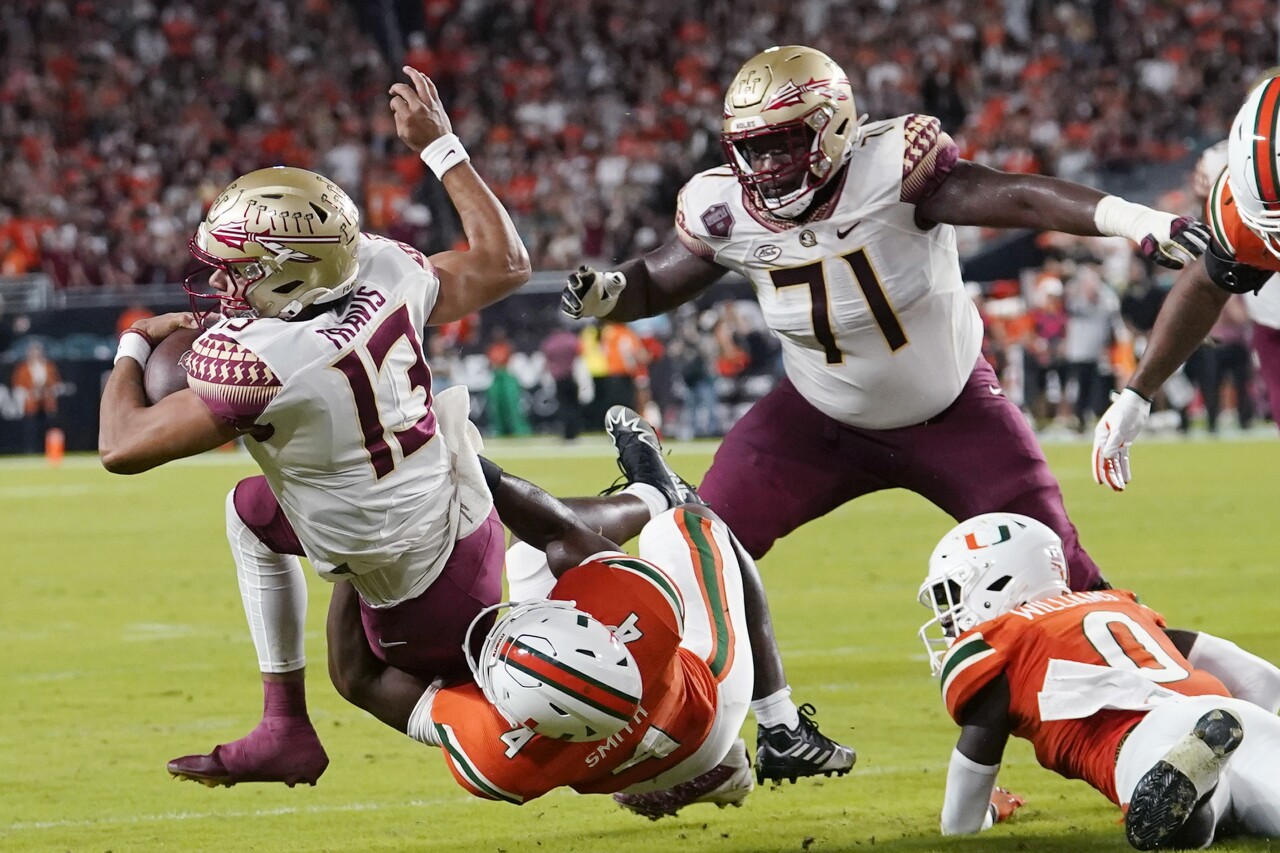 Florida State Seminoles QB Jordan Travis tackled by Miami Hurricanes at 1-yard line, Nov. 5, 2022