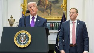 President Donald Trump, left, speaks during an event with Environmental Protection Agency director Lee Zeldin in the Roosevelt Room of the White House, Feb. 12, 2026, in Washington. 