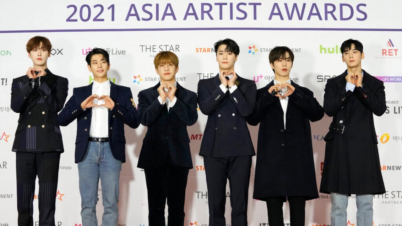 K-Pop group ASTRO pose for photos on the red carpet for the 2021 Asia Artist Awards in Seoul.