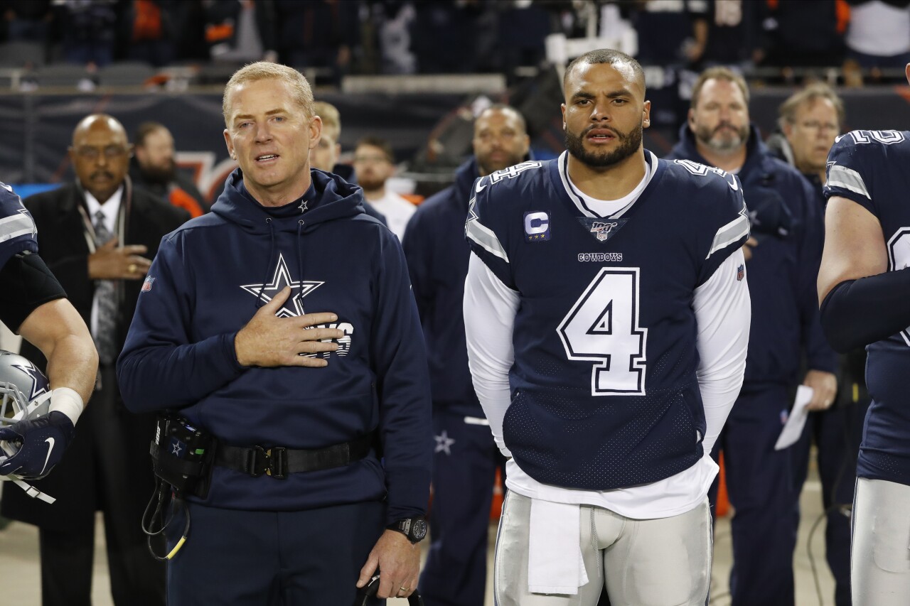 Dallas Cowboys head coach Jason Garrett and QB Zac Prescott during 2019 national anthem