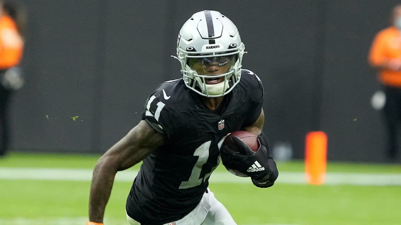 FILE - Las Vegas Raiders wide receiver Henry Ruggs III in action against  the Denver Broncos during an NFL football game, Oct. 17, 2021, in Denver.  Police in Las Vegas said Ruggs