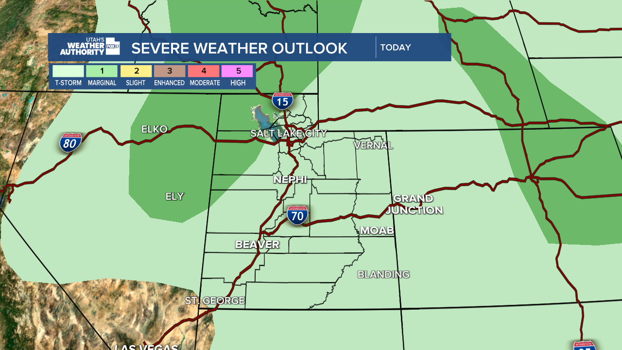 Graphics from the FOX 13 Weather Center showing the Severe Weather Outlook for Saturday. Much of the state is expected to receive isolated thunderstorms.