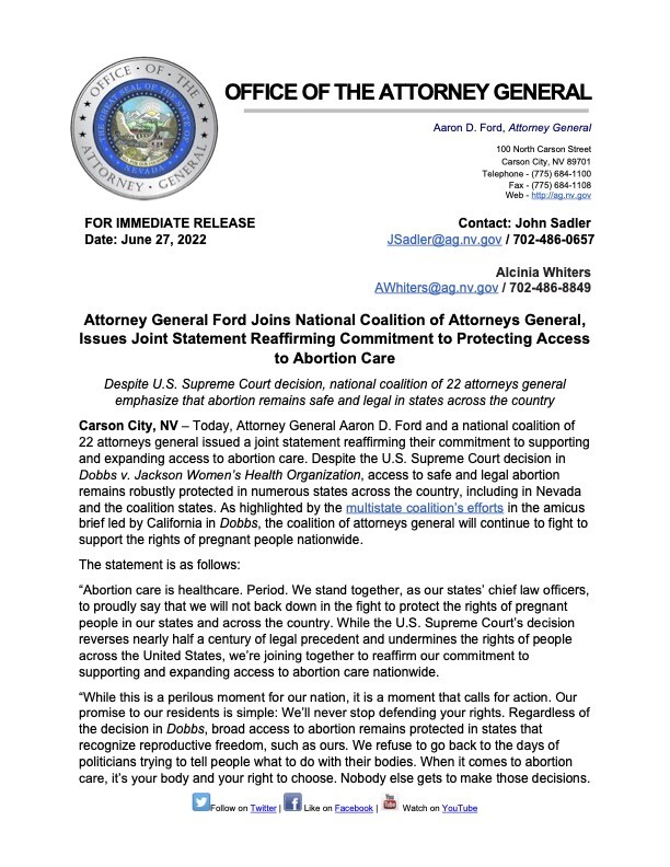 Attorney General Ford Joins National Coalition of Attorneys General, Issues Joint Statement Reaffirming Commitment to Protecting Access to Abortion Care