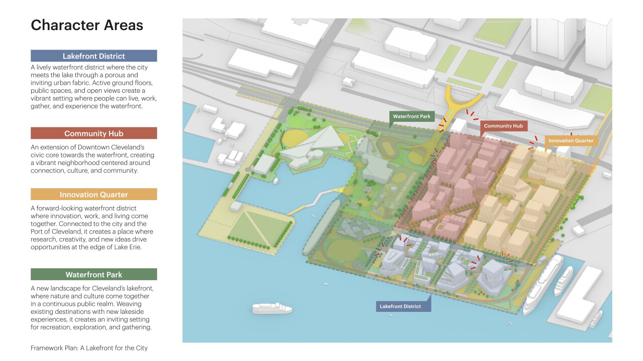 This image shows the overall concept for the lakefront district, with the land bridge, in yellow, stretching from Mall C to the grassy area in front of the Great Lakes Science Center.