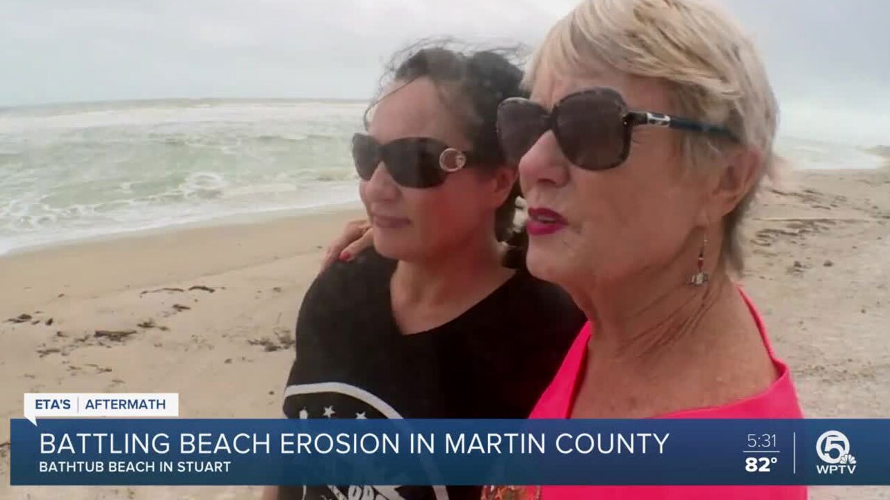 Patricia Lefler and Annie MacMillan, visit Bathtub Beach after Tropical Storm Eta