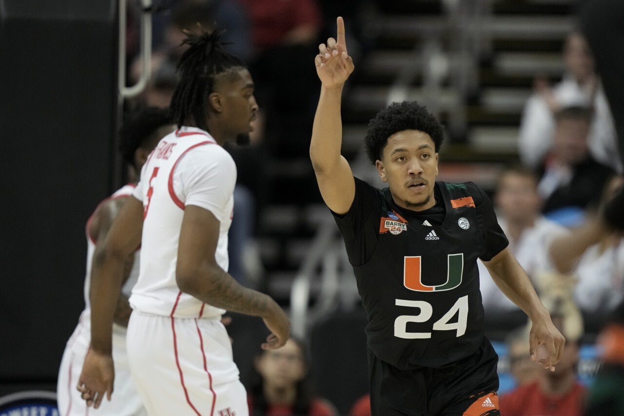 Miami Hurricanes guard Nijel Pack raises finger in air in first half of Sweet 16 of NCAA tournament vs. Houston Cougars, March 24, 2023