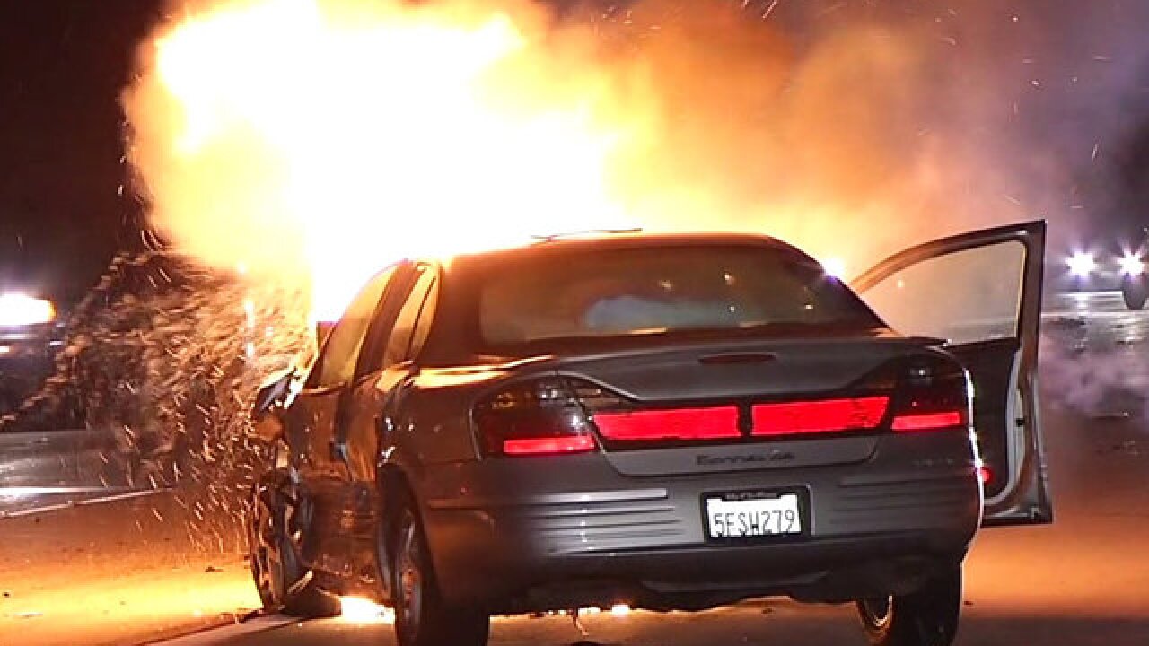 Car bursts into flames during series of crashes