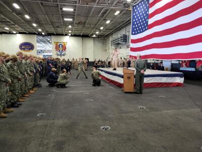 CNO Daryl Caudle speaking at NAVSTA
